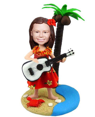 Custom Gril Beach Bobbleheads Play Guitar, Custom Bobblehead Holding Acoustic Guitar - Abobblehead.com