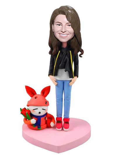 Custom Bobblehead Of Girlfriend, Best Friend Bobbleheads Girl With a Rabbit - Abobblehead.com