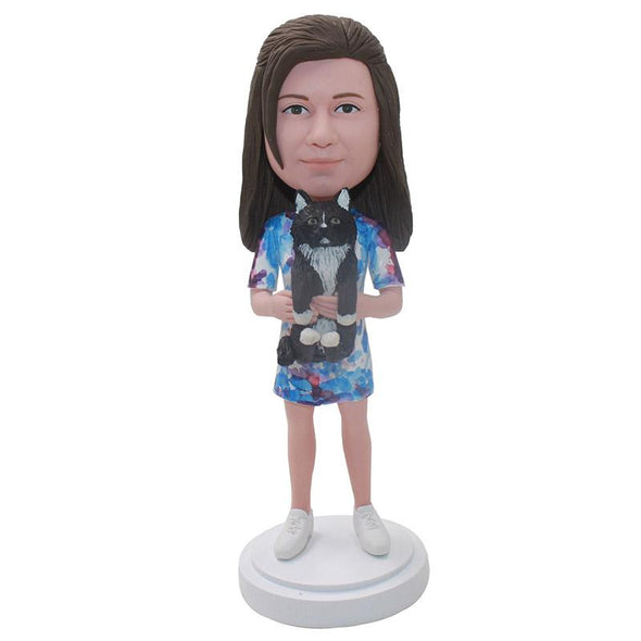 Personalized Girl Bobblehead Girl Hugging A Cat Christmas Gifts For Daughters - Abobblehead.com
