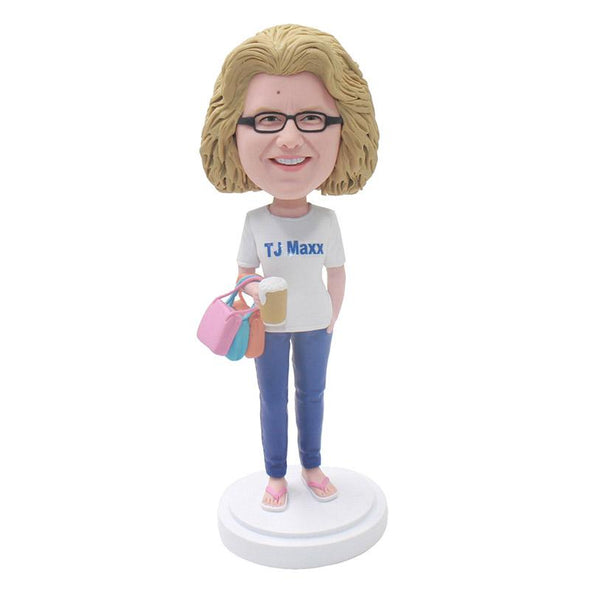 Custom Women Bobblehead Shopping Expert Holding A Cup - Abobblehead.com