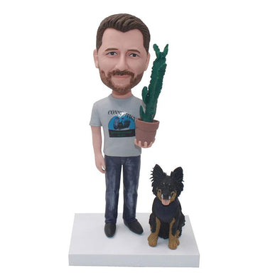 Custom Bobbleheads Dragging A Pot Of Cactus With A Dog - Abobblehead.com