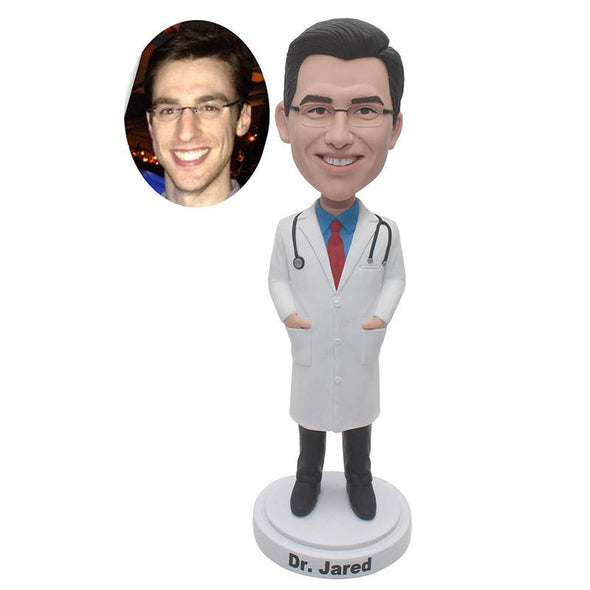 Custom Man Bobble Head Doctor, Custom Medical Doctor Bobblehead With A Stethoscope - Abobblehead.com