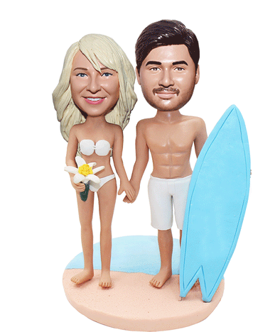 Custom Couple Beach Bobblehead With Surf Skateboard, Personalized Bikini Couple Bobble Head - Abobblehead.com