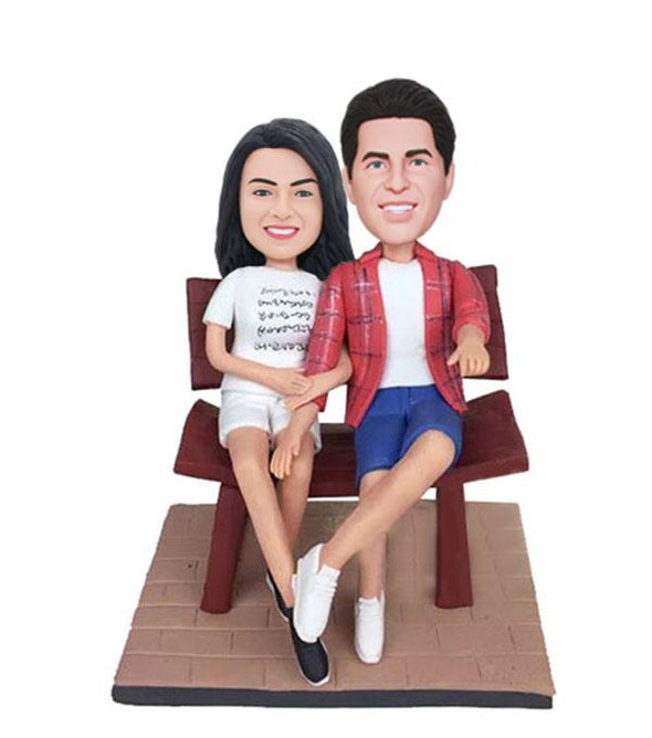 Custom Lovers Bobbleheads Sitting on the Bench, Custom Couple Bobbleheads - Abobblehead.com