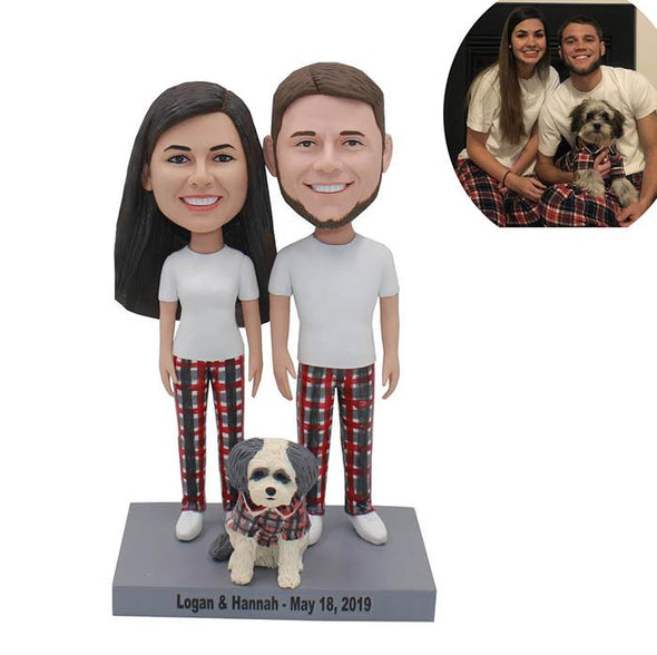 Custom Lovers Bobbleheads Wearing Sweethearts Outfit With A Dog - Abobblehead.com