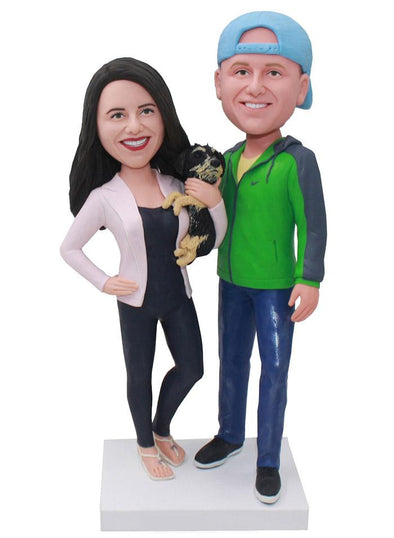 Custom Bobblehead Couple With Dog, Personalized Anniversary Couple Bobblehead Free Shipping - Abobblehead.com