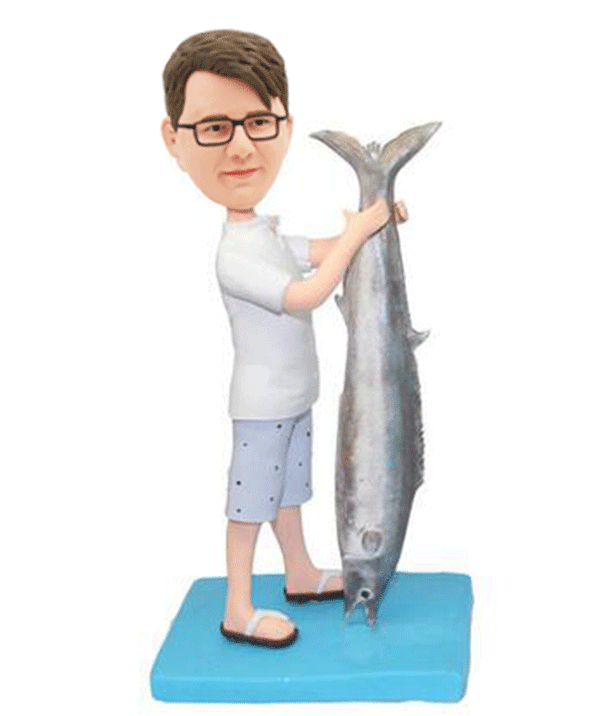 Make A Fishing Bobblehead Of Yourself, Personalized Figurine Holding A Fish - Abobblehead.com