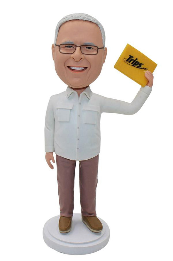 Custom Old Man Bobblehead Figurine With Trips Card - Abobblehead.com