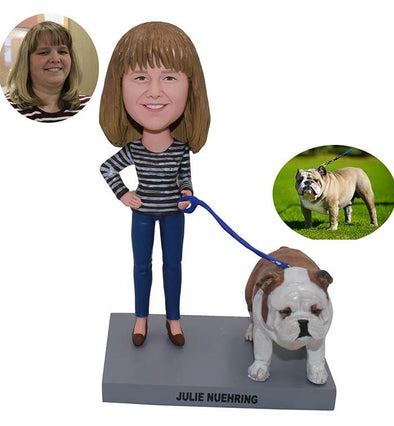 Custom Woman Walking Dog Bobblehead, Personal Bobblehead Dog And Owner - Abobblehead.com