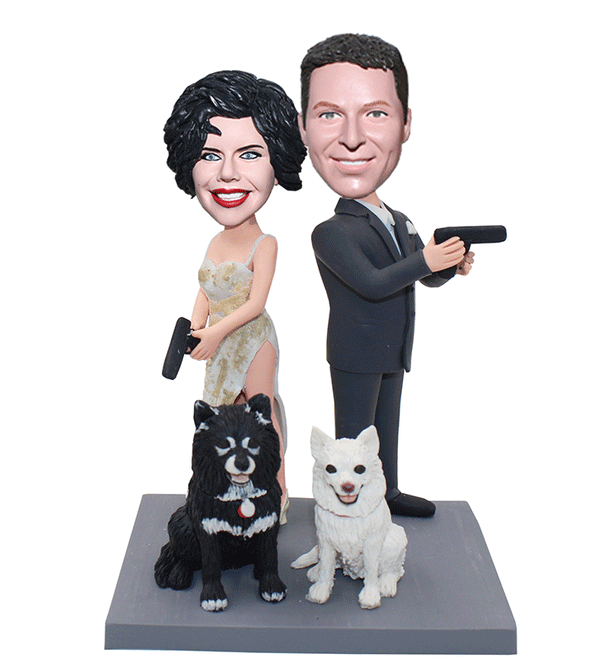 Custom bobbleheds Agent Couple Wedding Dolls With Two Dog - Abobblehead.com